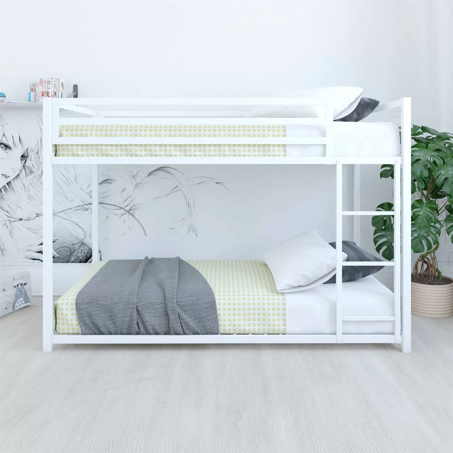 Modern Low Height Metal Bunk Bed (Color: White, size: Twin Over Twin)
