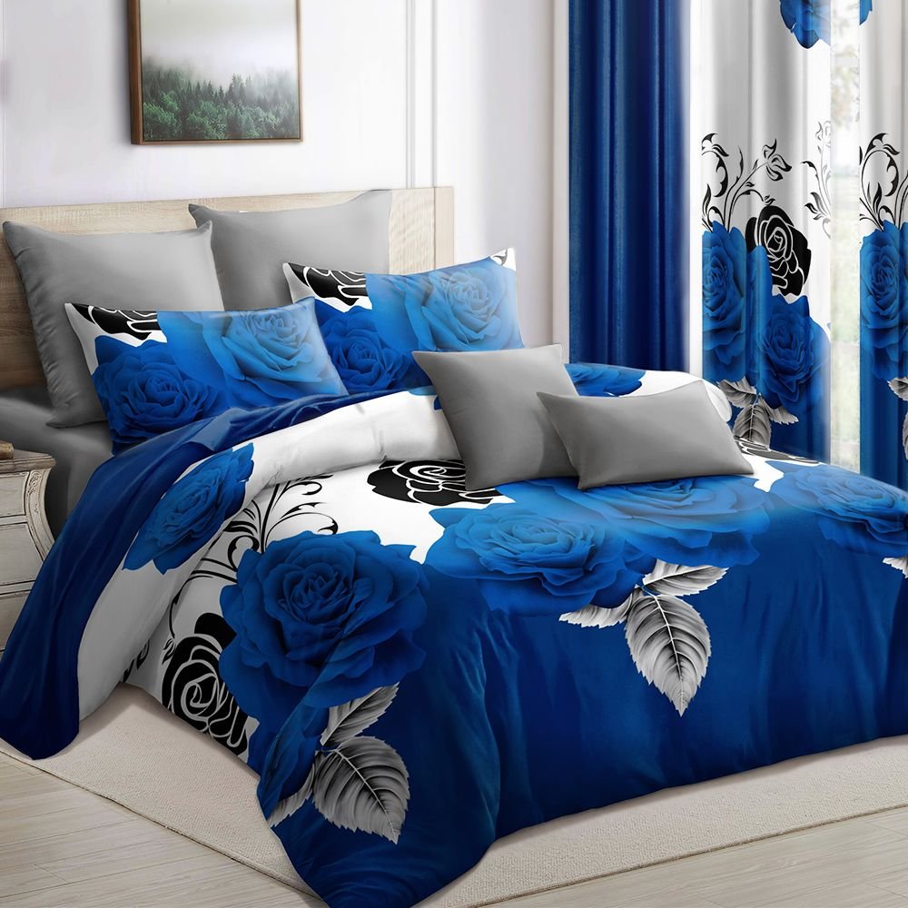 9-Piece Blue Rose Bedding & Curtain Set (Queen/King/Cal King) - Quilted Microfiber Bedspread + Sheer Curtains (Color: Blue Rose, size: Queen)