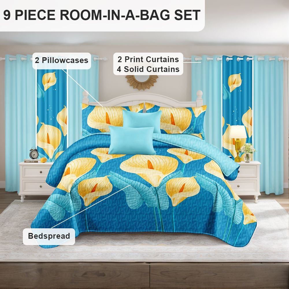 9-Piece Calla Lily Bedding & Curtain Set (Queen/King/Cal King) - Quilted Microfiber Bedspread + Sheer Curtains (Color: blue/yellow flower, size: King)