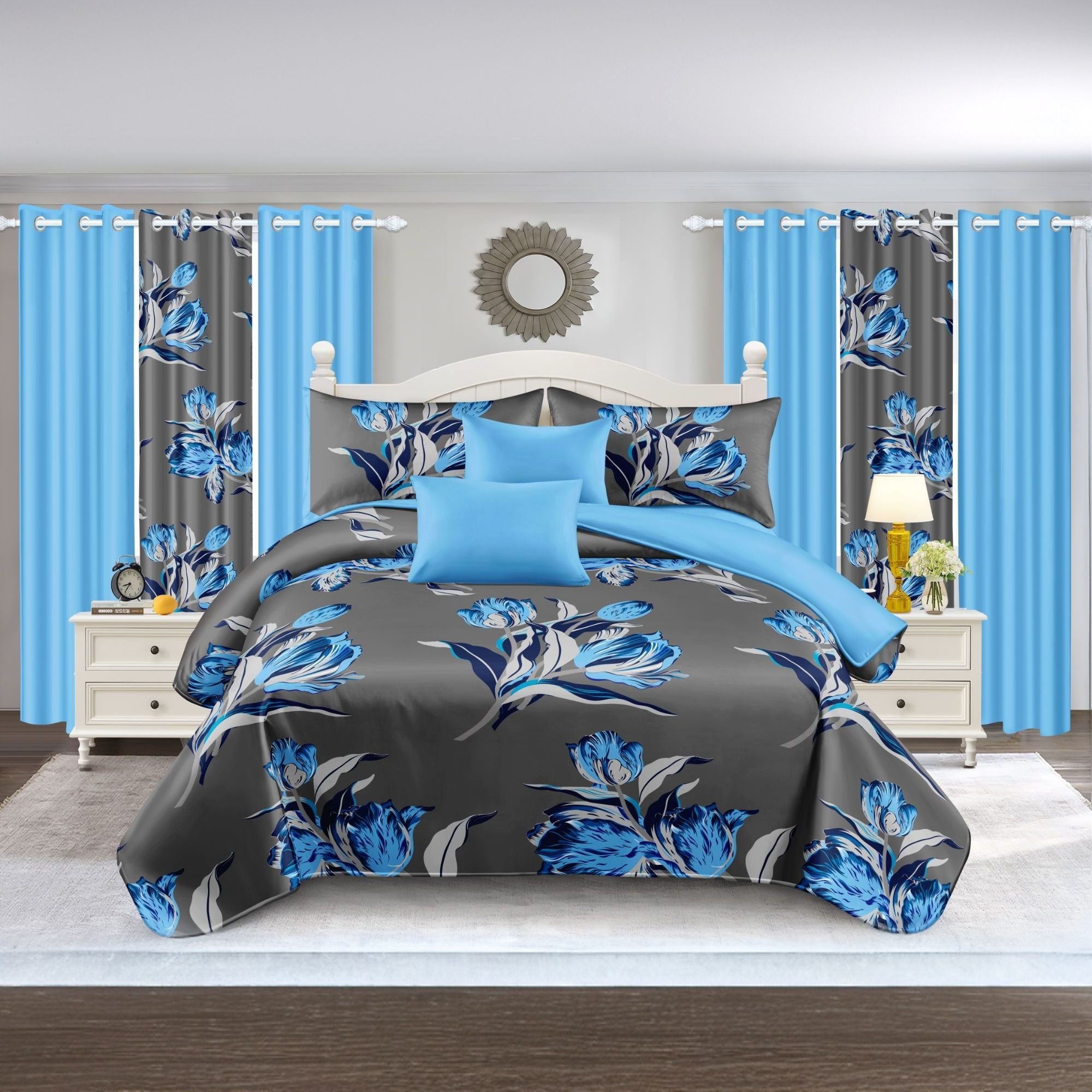 9-Piece Blue Tulip Bedding & Curtain Set (Queen/King/Cal King) - Quilted Microfiber Bedspread + Sheer Curtains (Color: grey/blue jewel flower, size: Queen)
