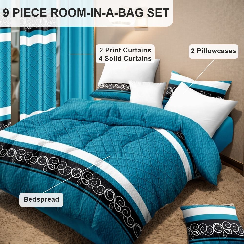 9-Piece Turquoise Swirl Bedding & Curtain Set (Queen/King/Cal King) - Quilted Microfiber Bedspread + Sheer Curtains (Color: blue/black boho, size: Cal King)