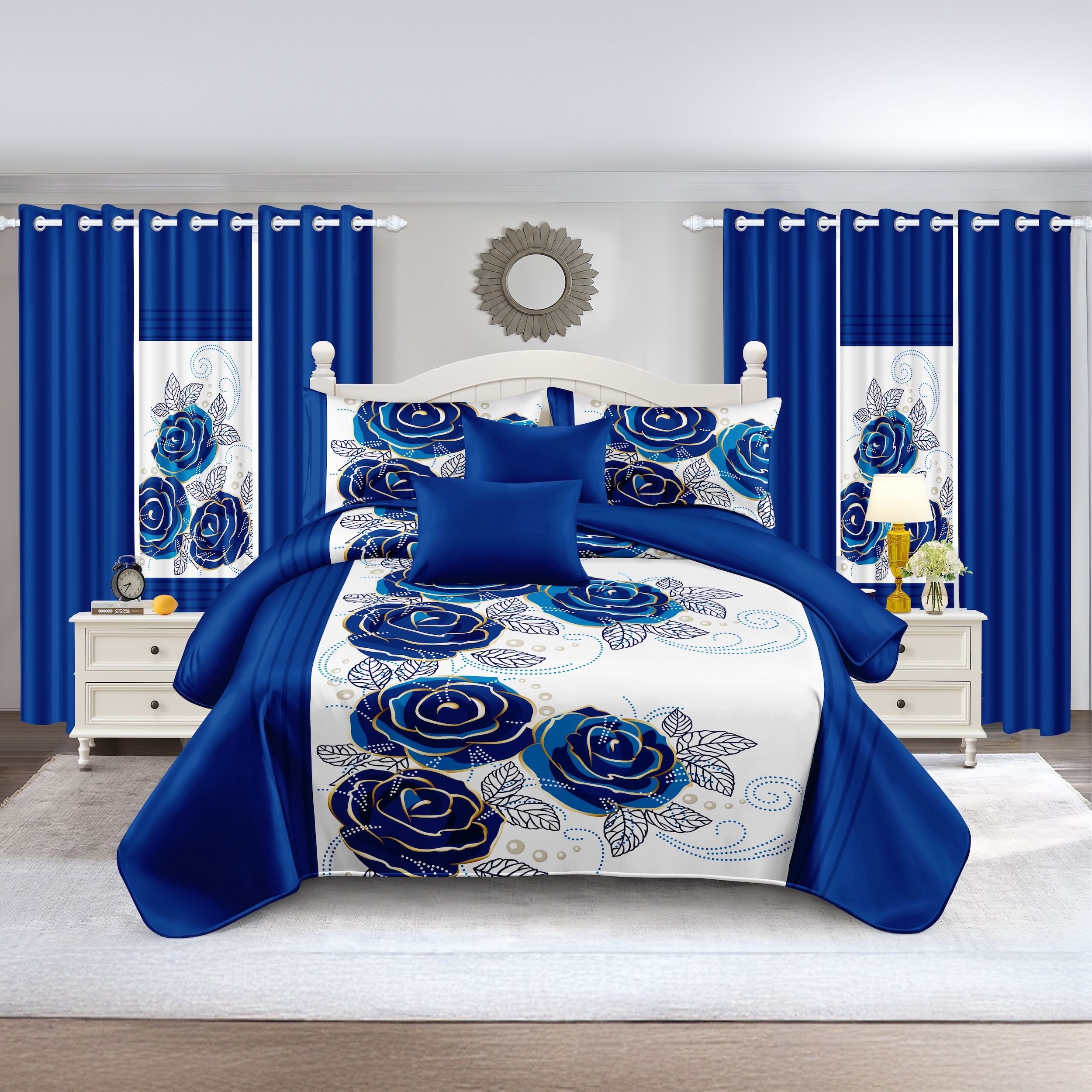 Quilted Bedspread & Curtain Set 9 Piece, Queen Size - Bedding Ensemble with Sheer Filtering Drapes, 1.6" Grommet Top, Machine Washable (Color: white/blue rose, size: Queen)