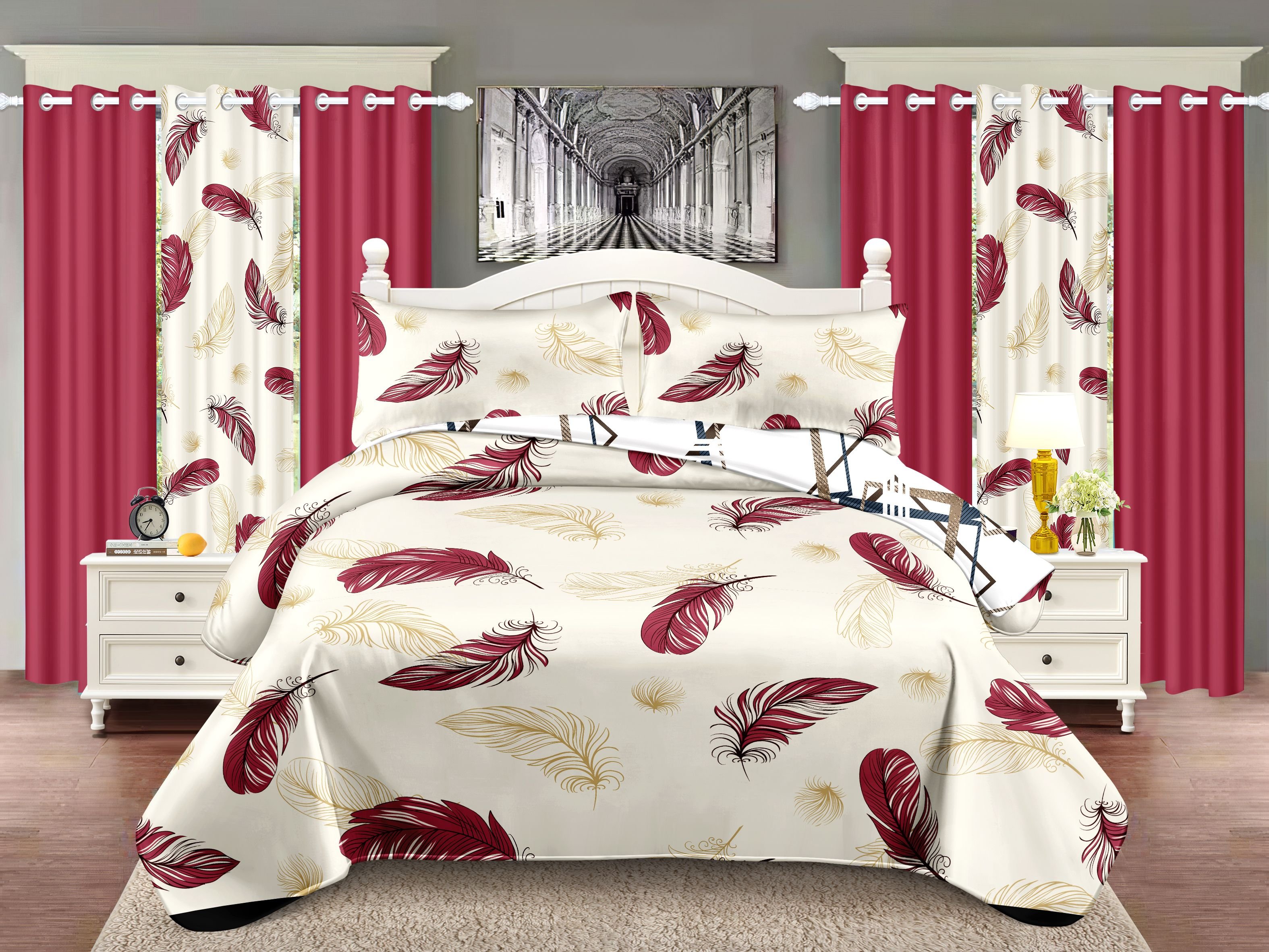 Quilted Bedspread & Curtain Set 9 Piece, Queen Size - Bedding Ensemble with Sheer Filtering Drapes, 1.6" Grommet Top, Machine Washable (Color: Red, size: Cal King)