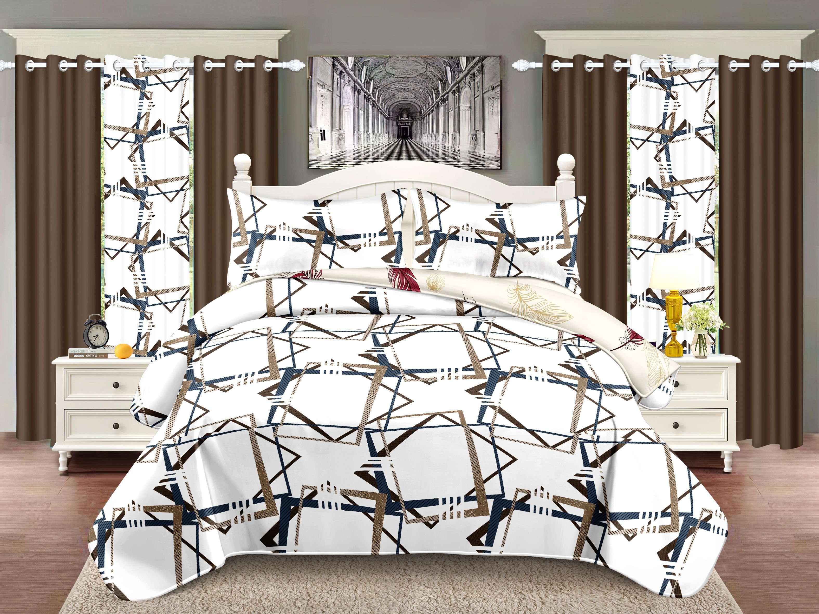 Quilted Bedspread & Curtain Set 9 Piece, Queen Size - Bedding Ensemble with Sheer Filtering Drapes, 1.6" Grommet Top, Machine Washable (Color: Brown, size: Cal King)