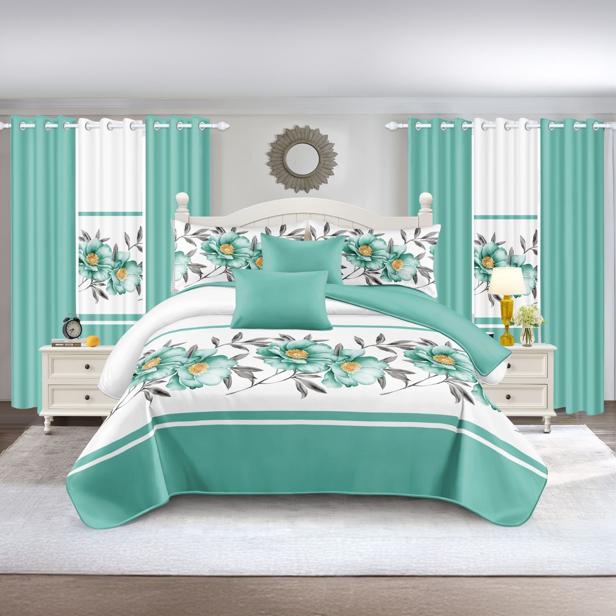 Quilted Bedspread & Curtain Set 9 Piece, Queen Size - Bedding Ensemble with Sheer Filtering Drapes, 1.6" Grommet Top, Machine Washable (Color: green rose, size: King)