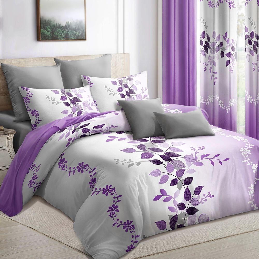 9-Piece Purple Vine Bedding & Curtain Set (Queen/King/Cal King) - Quilted Microfiber Bedspread + Sheer Curtains (Color: Purple Flower, size: Queen)