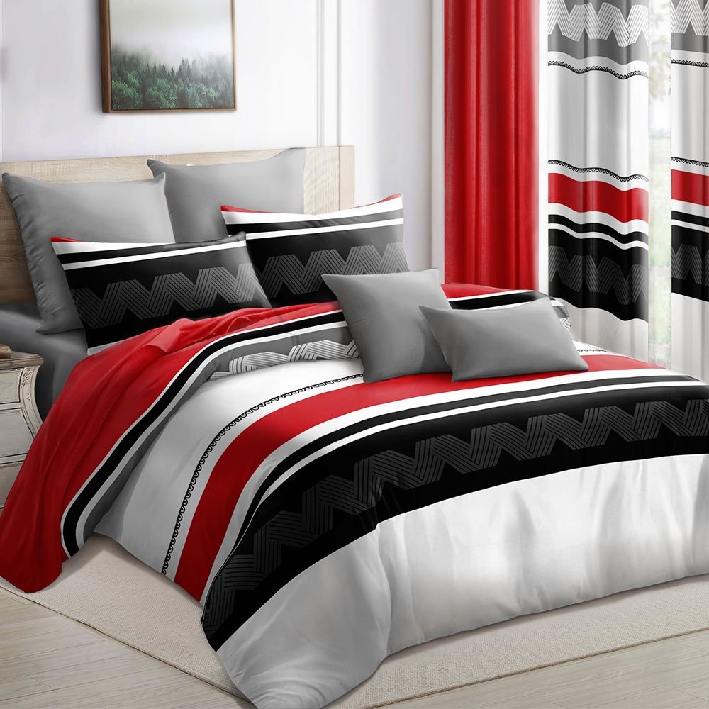 9-Piece Red & Geometric Zigzag Bedding & Curtain Set (Queen/King/Cal King) - Quilted Microfiber Bedspread + Sheer Curtains (Color: Red/Black Stripes, size: Queen)