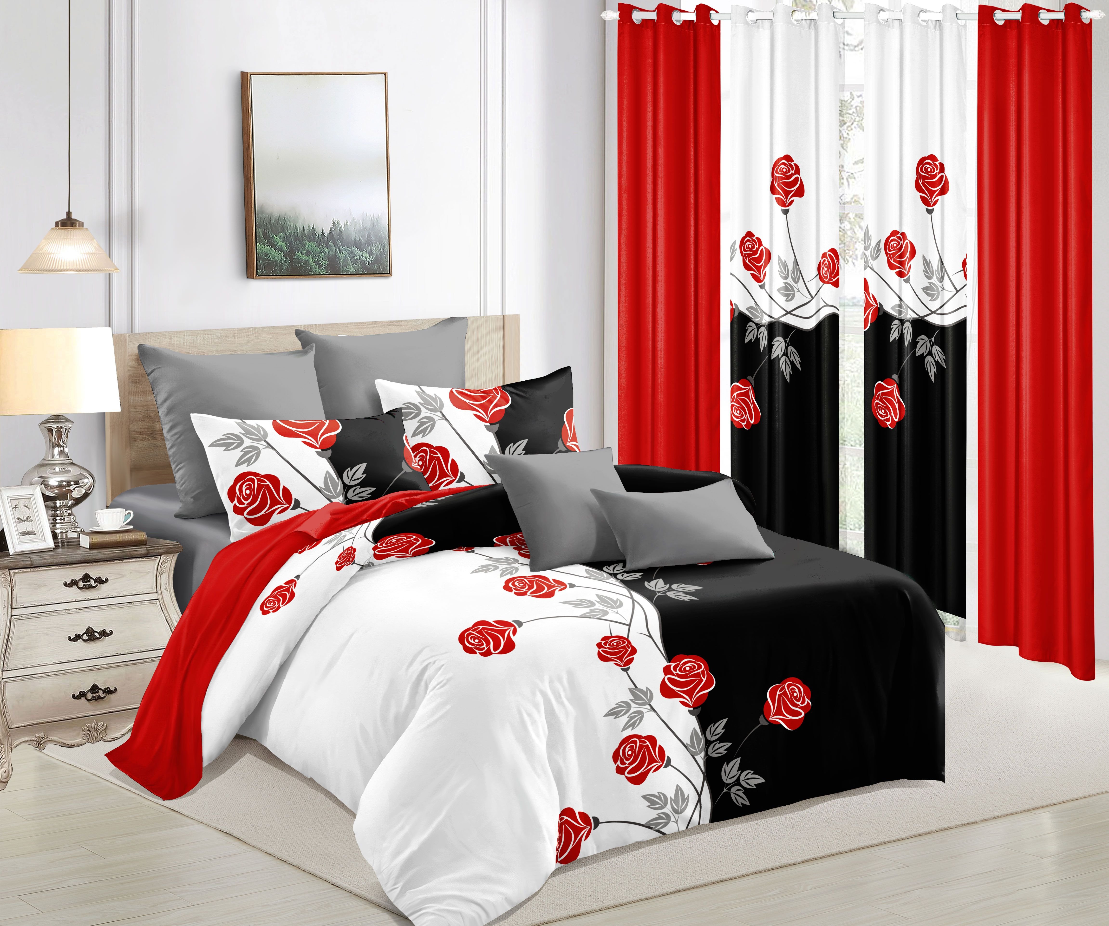 9-Piece Red Rose Bedding & Curtain Set (Queen/King/Cal King) - Quilted Microfiber Bedspread + Sheer Curtains (Color: black/white red flower, size: Queen)