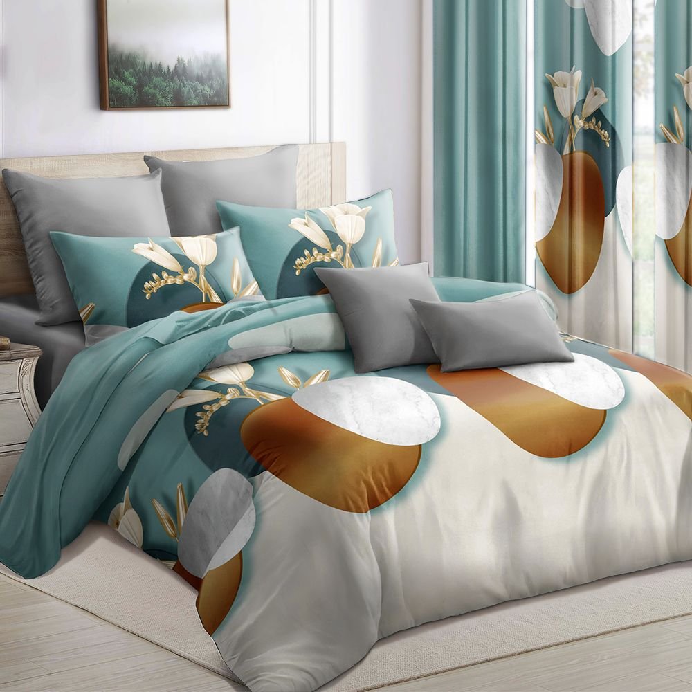 9-Piece Modern Floral Vase Bedding & Curtain Set (Queen/King/Cal King) - Quilted Microfiber Bedspread + Sheer Curtains (Color: Green Dot, size: King)
