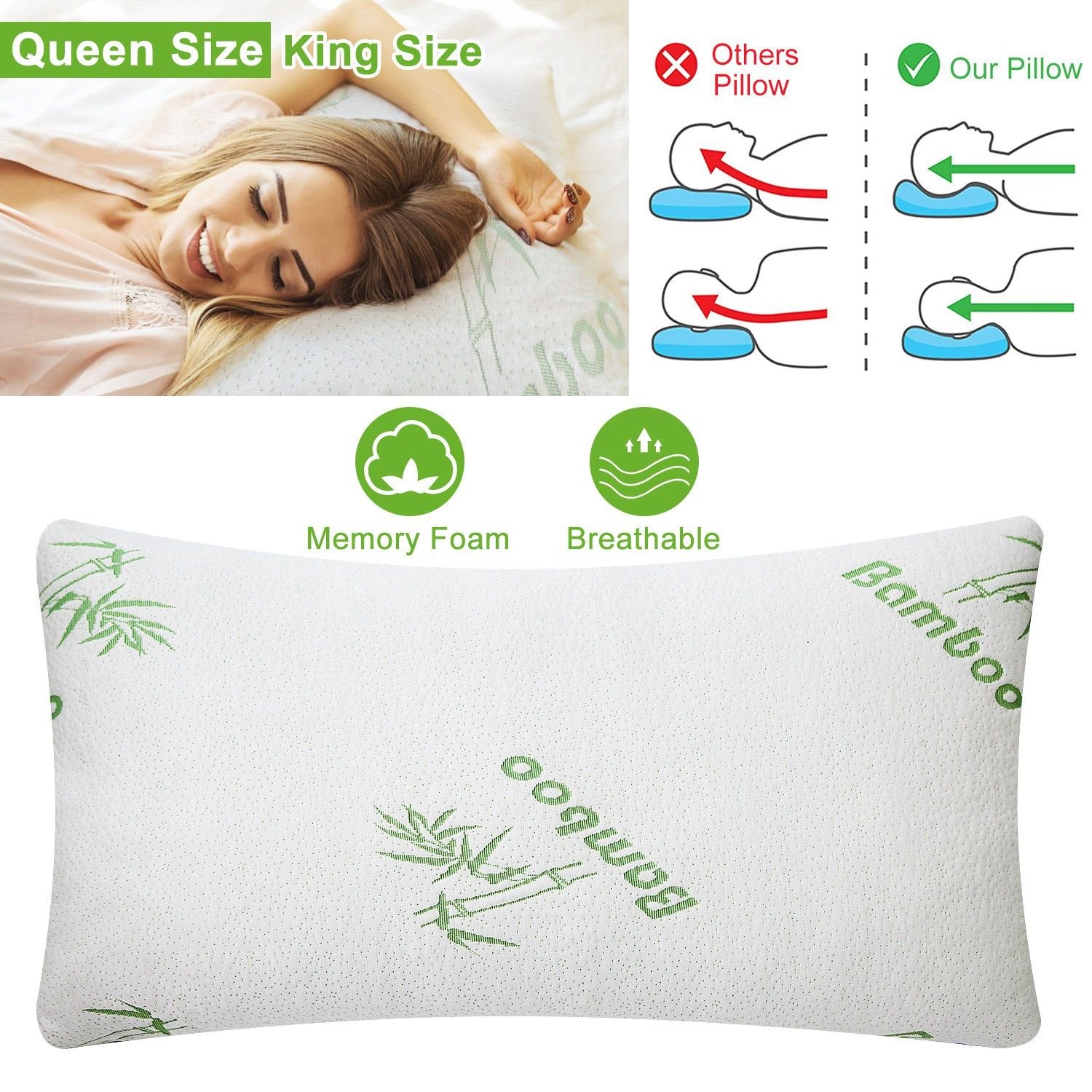 Bamboo Memory Foam Pillow Hypoallergenic Bed Pillow For Head Neck Rest Sleeping Shredded Pillow With Washable Cover [Queen Size] (size: Queen)