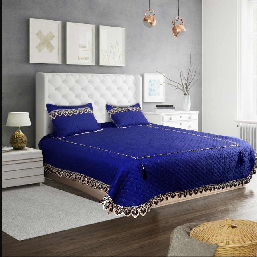 5pcs Big Lace Edge European Noble Bedding Set, Tassel Pendant ,Bamboo Fiber Bedspread Set (Color: Blue, size: CALKING)