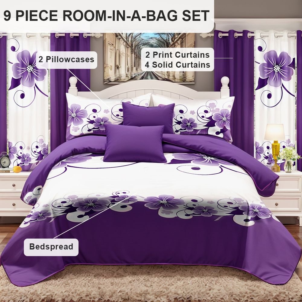 9-Piece Purple Floral Bedding & Curtain Set (Queen/King/Cal King) - Quilted Microfiber Bedspread + Sheer Curtains (Color: Purple Floral, size: Queen)