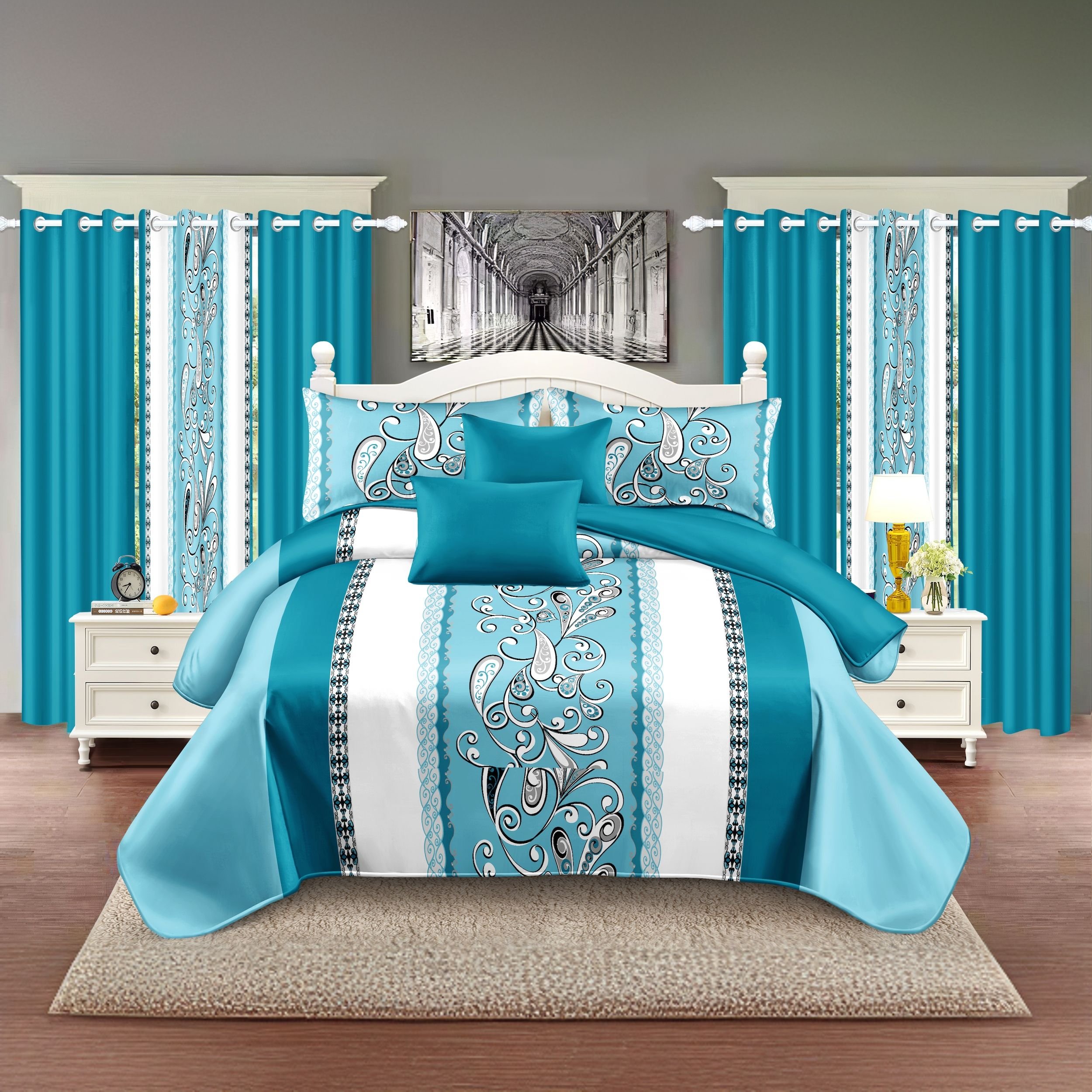 9-Piece Turquoise Paisley Bedding & Curtain Set (Queen/King/Cal King) - Quilted Microfiber Bedspread + Sheer Curtains (Color: blue/white stamen, size: Cal King)