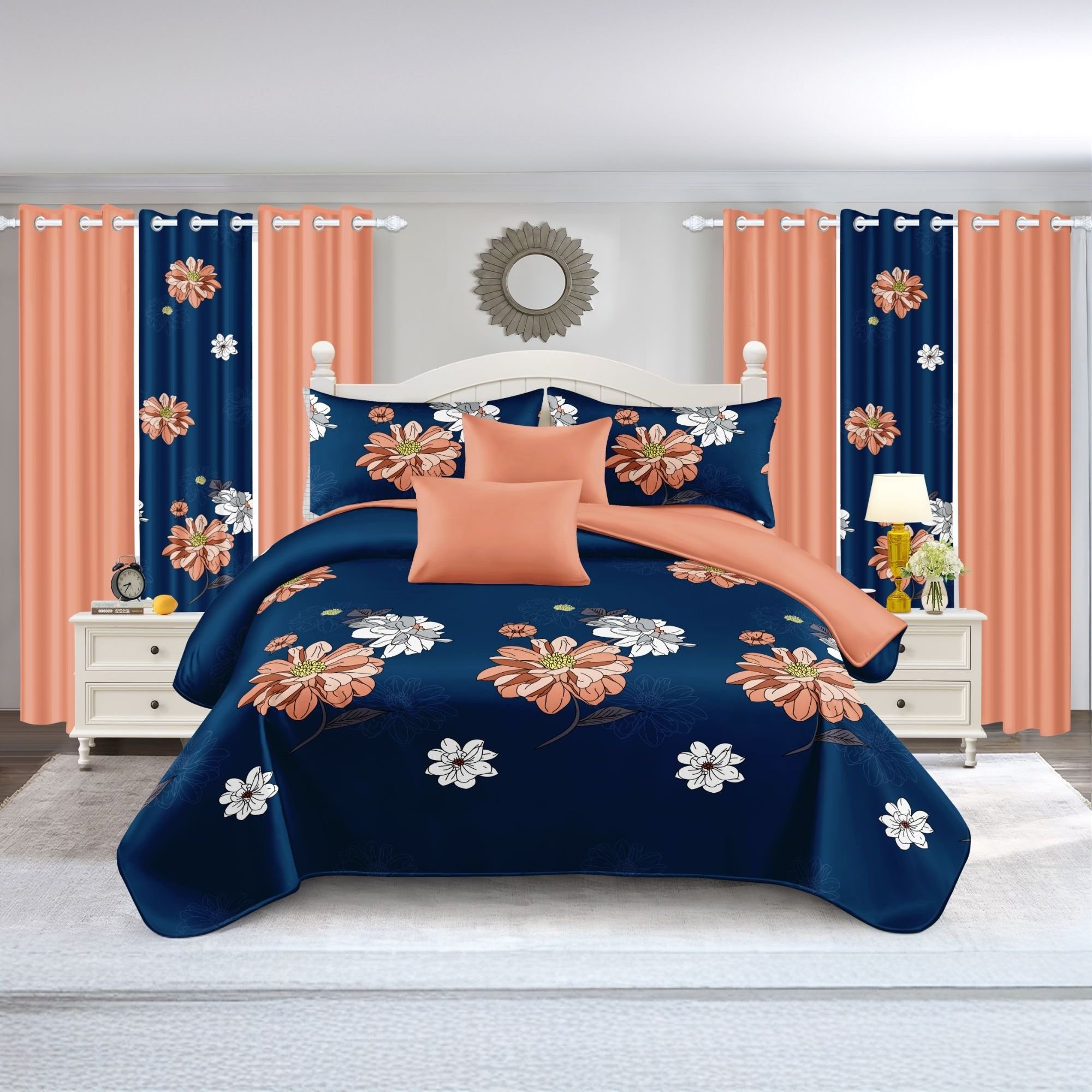 9-Piece Navy & Coral Floral Bedding & Curtain Set (Queen/King/Cal King) - Quilted Microfiber Bedspread + Sheer Curtains (Color: blue/red flower, size: King)