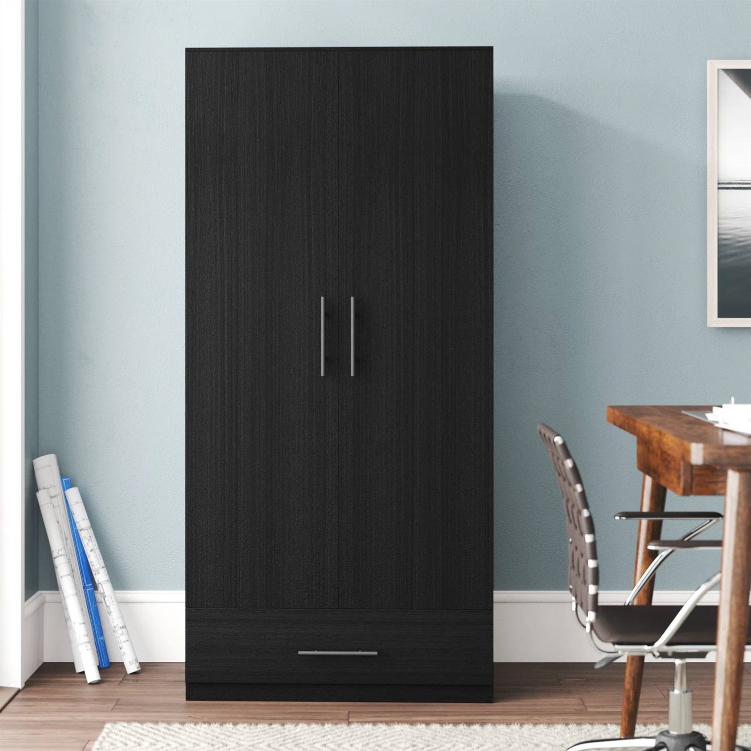 Modern Armoire Wardrobe Closet Cabinet with Storage Drawer in Wood Finish (Color: Black)