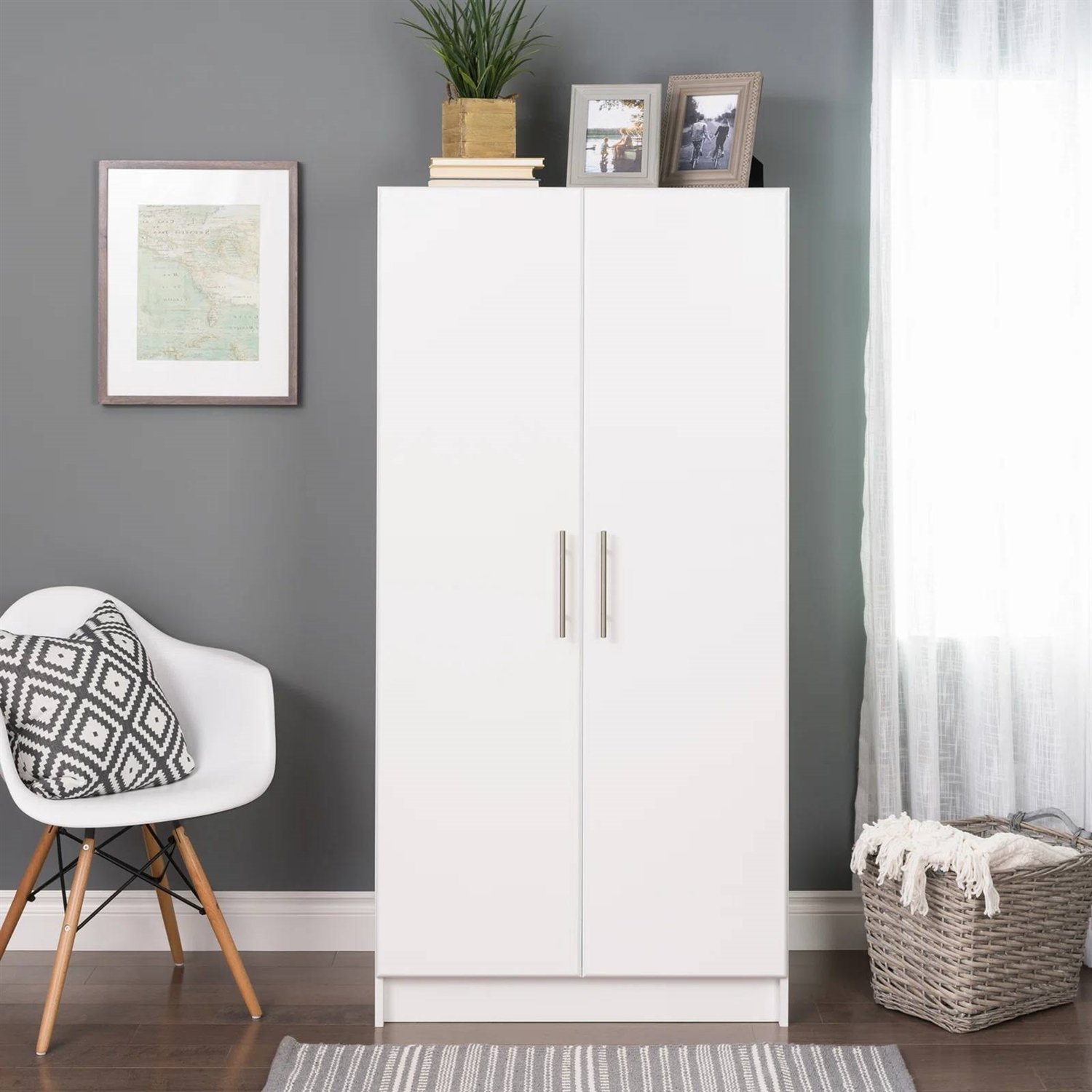 Bedroom Armoire Wardrobe Cabinet with Hanging Rail in Light Wood Finish (Color: White)