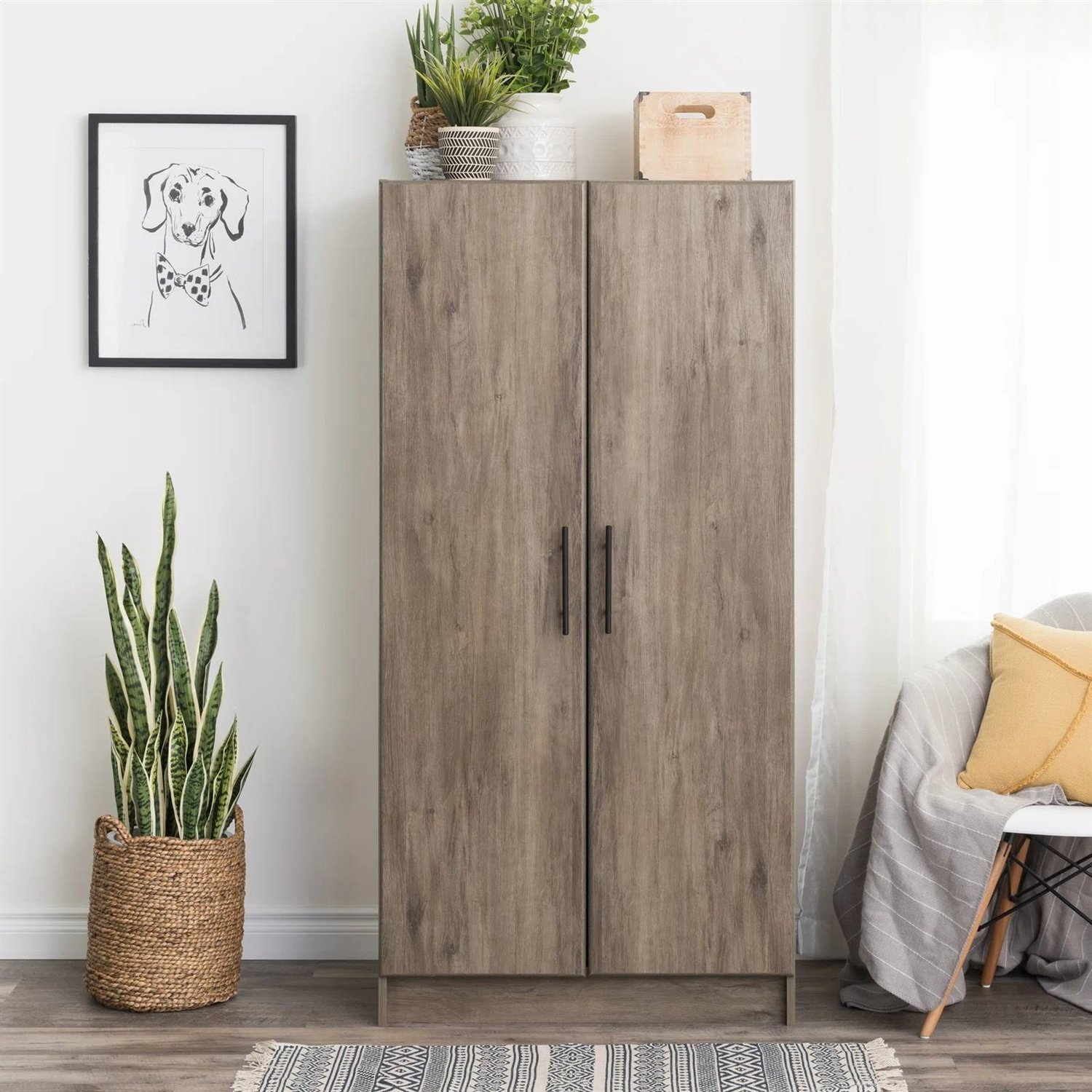 Bedroom Armoire Wardrobe Cabinet with Hanging Rail in Light Wood Finish (Color: Grey Brown)